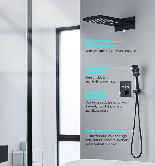 Black Thermostatic Waterfall Shower Set 3 - Way with Hand Shower - Thermostatic Rainfall Shower SystemBathroomLux