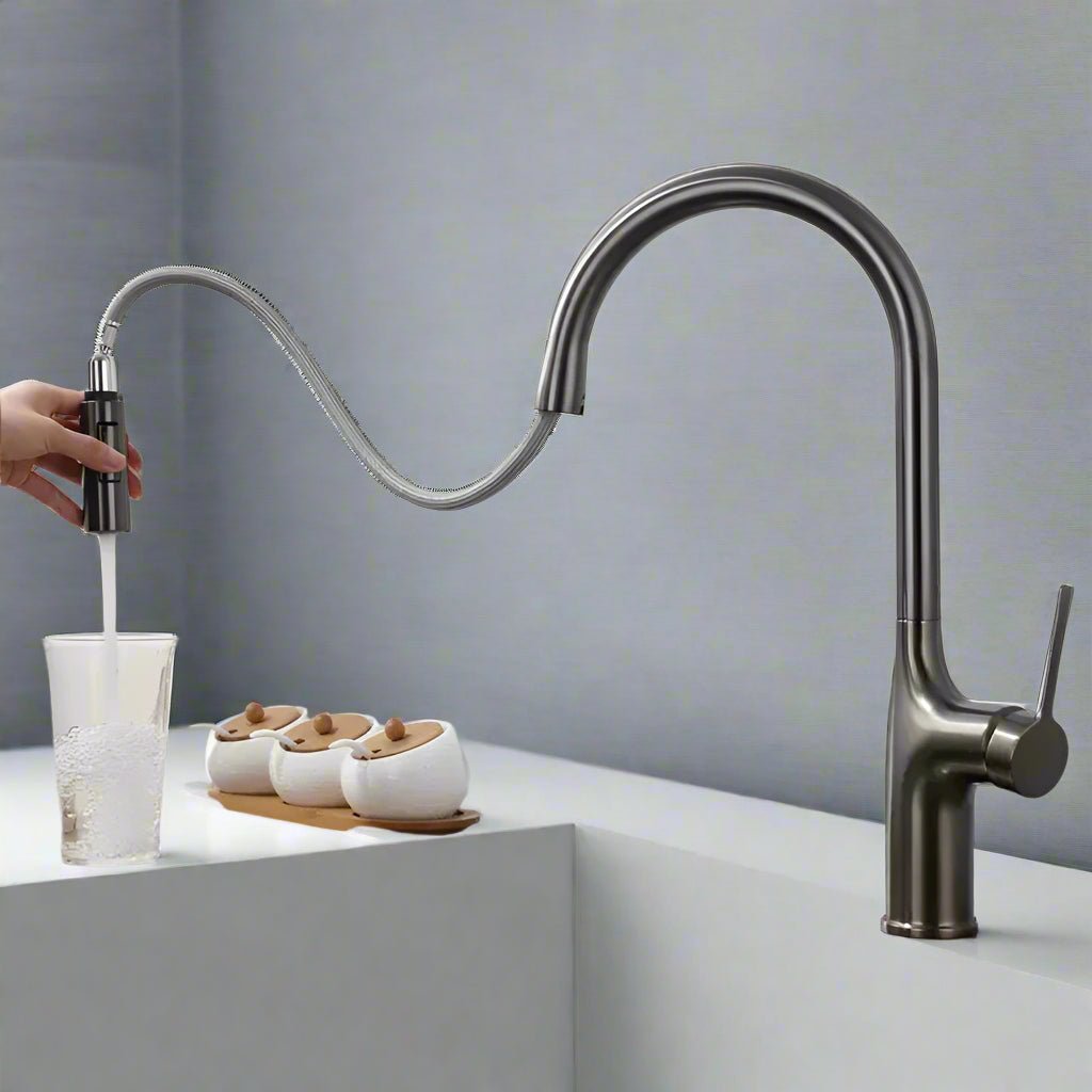 Brass Deck - Mounted Kitchen Faucet Pull - Out Single Handle and Dual Function - Kitchen Faucet Pull - OutBathroomLux