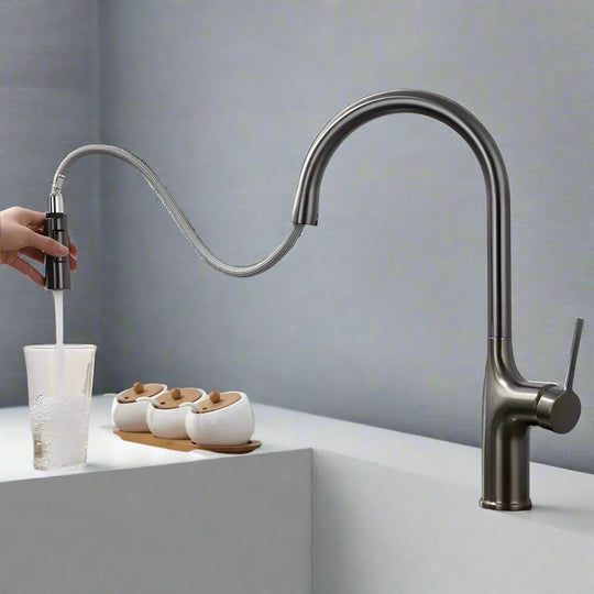 Brass Deck - Mounted Kitchen Faucet Pull - Out Single Handle and Dual Function - Kitchen Faucet Pull - OutBathroomLux