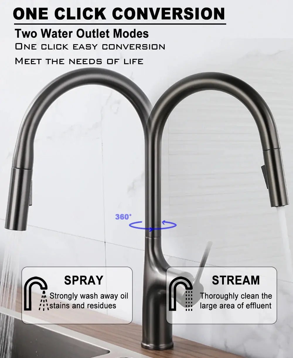 Brass Deck - Mounted Kitchen Faucet Pull - Out Single Handle and Dual Function - Kitchen Faucet Pull - OutBathroomLux