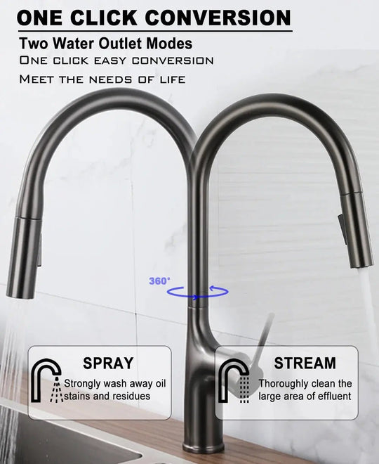 Brass Deck - Mounted Kitchen Faucet Pull - Out Single Handle and Dual Function - Kitchen Faucet Pull - OutBathroomLux