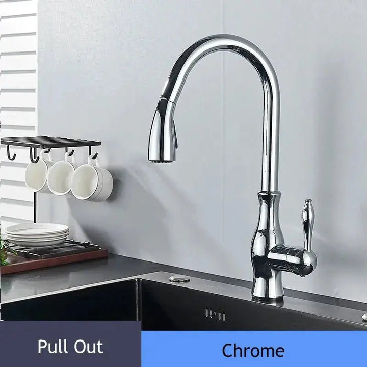 Brass Kitchen Mixer Tap – 360° Swivel, Pull - Out Spout, Hot & Cold Valve Control - Brass Kitchen Mixer Tap – 360° SwivelBathroomLux