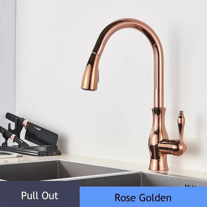 Brass Kitchen Mixer Tap – 360° Swivel, Pull - Out Spout, Hot & Cold Valve Control - Brass Kitchen Mixer Tap – 360° SwivelBathroomLux