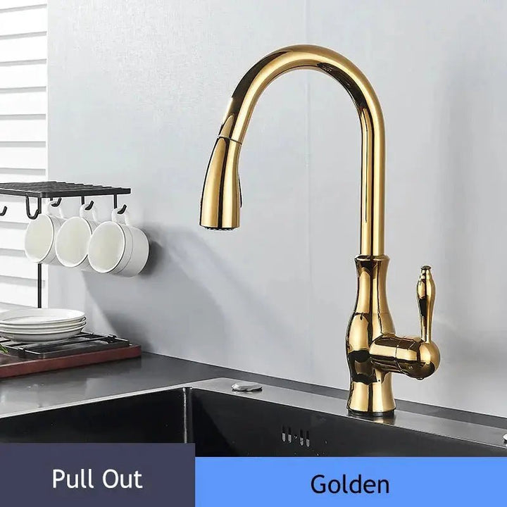 Brass Kitchen Mixer Tap – 360° Swivel, Pull - Out Spout, Hot & Cold Valve Control - Brass Kitchen Mixer Tap – 360° SwivelBathroomLux