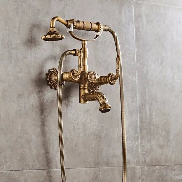Brass Long Handle Carved Antique Telephone Shower Set - Bathtub & Shower FaucetsBathroomLux