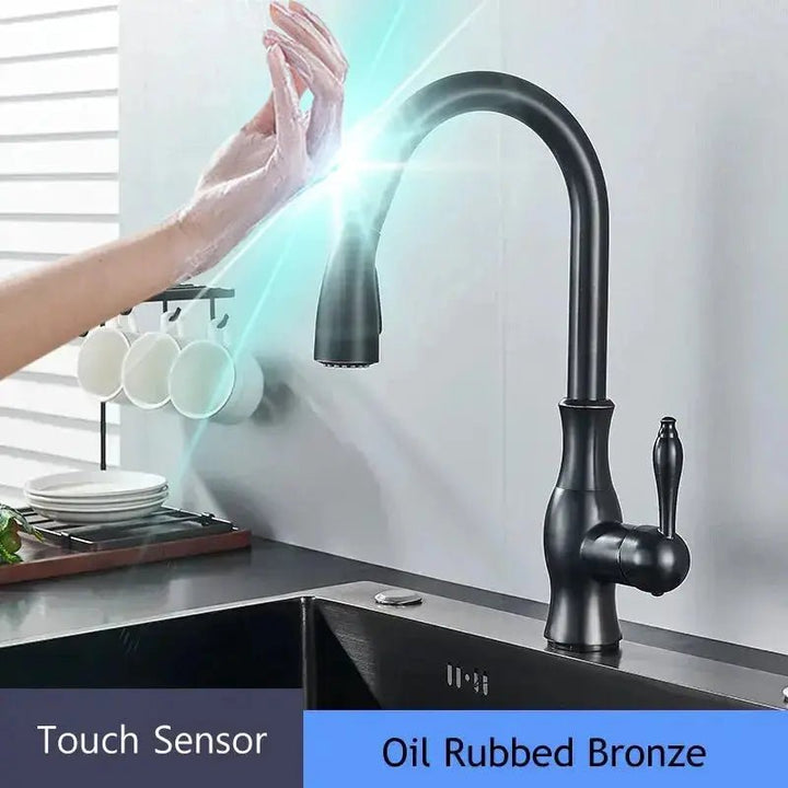 Brass Sensor Kitchen Tap – 360° Swivel, Pull - Out Spout, Hot & Cold Mixer - BathroomLux