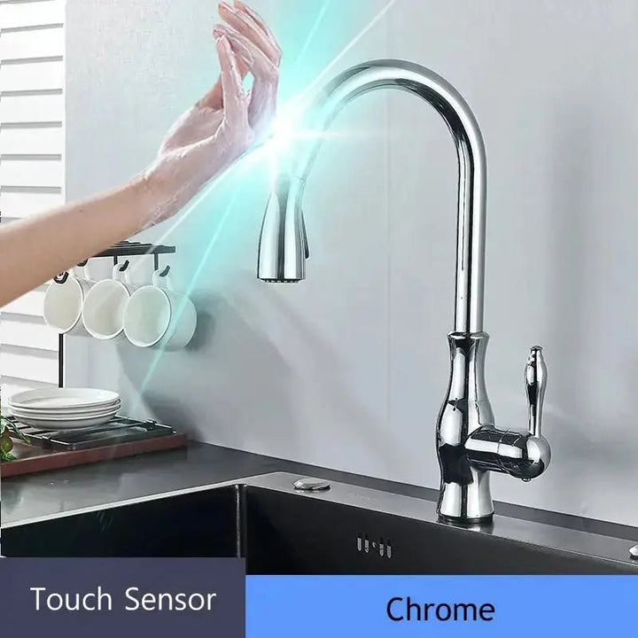 Brass Sensor Kitchen Tap – 360° Swivel, Pull - Out Spout, Hot & Cold Mixer - BathroomLux