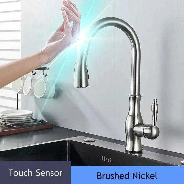 Brass Sensor Kitchen Tap – 360° Swivel, Pull - Out Spout, Hot & Cold Mixer - BathroomLux
