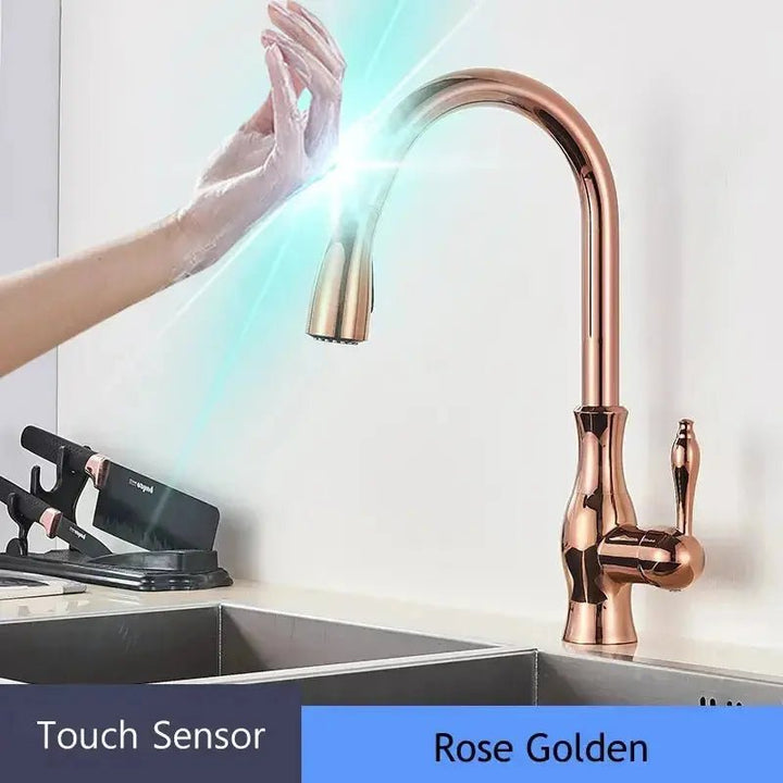 Brass Sensor Kitchen Tap – 360° Swivel, Pull - Out Spout, Hot & Cold Mixer - BathroomLux