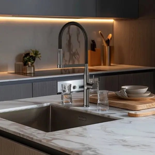 Brushed Brass Gun Grey Kitchen Mixer Tap – Pull Out Modern Sink Faucet - 2 - Way Smart Touch Pull Down Kitchen FaucetBathroomLux