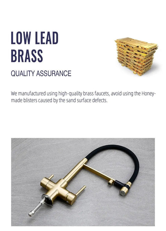 Brushed Gold 3 - Way Kitchen Faucet with Pull - Out Spray Filtered Water Mixer Tap - 3 Ways Kitchen Pull OutBathroomLux