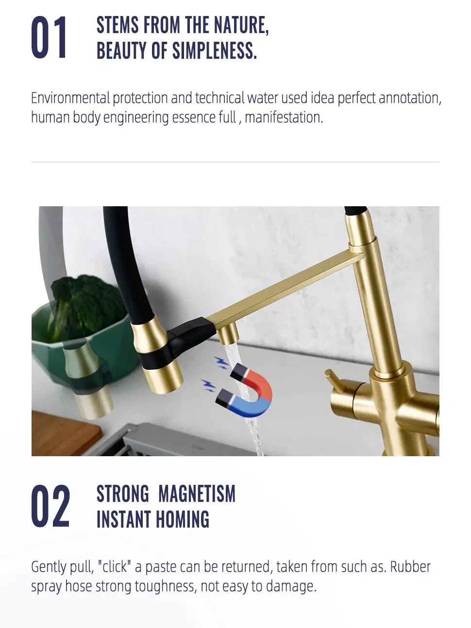 Brushed Gold 3 - Way Kitchen Faucet with Pull - Out Spray Filtered Water Mixer Tap - 3 Ways Kitchen Pull OutBathroomLux