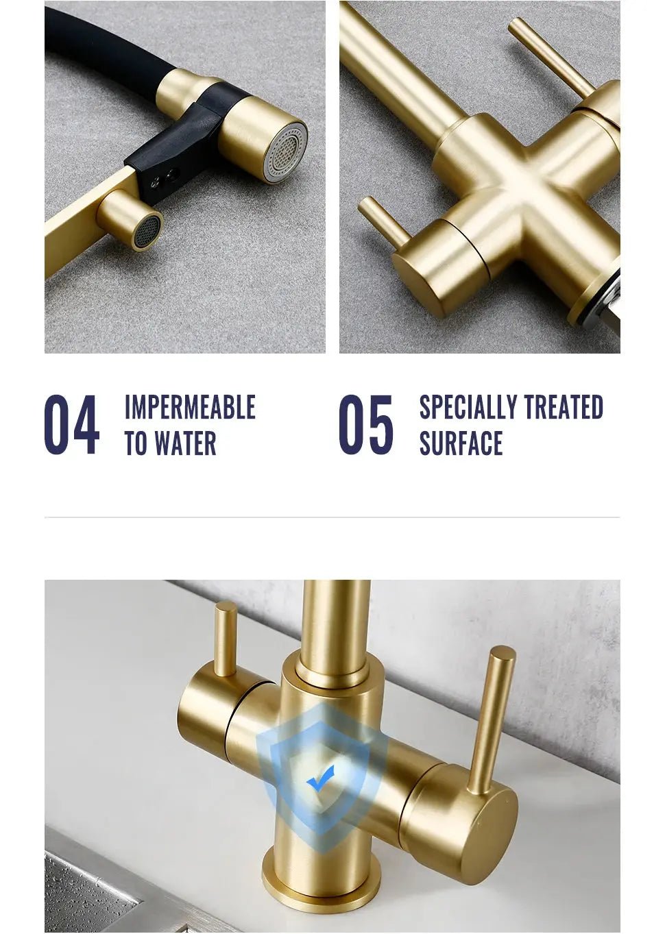 Brushed Gold 3 - Way Kitchen Faucet with Pull - Out Spray Filtered Water Mixer Tap - 3 Ways Kitchen Pull OutBathroomLux