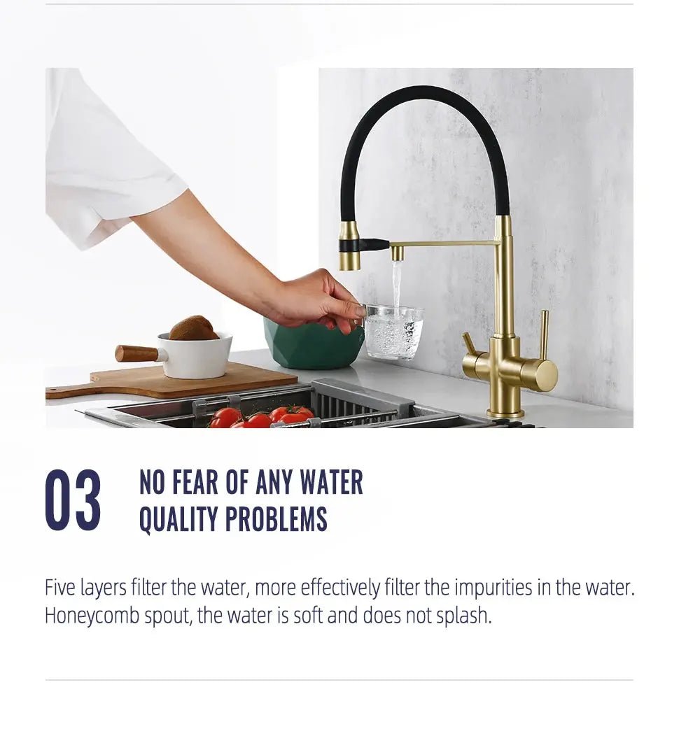 Brushed Gold 3 - Way Kitchen Faucet with Pull - Out Spray Filtered Water Mixer Tap - 3 Ways Kitchen Pull OutBathroomLux
