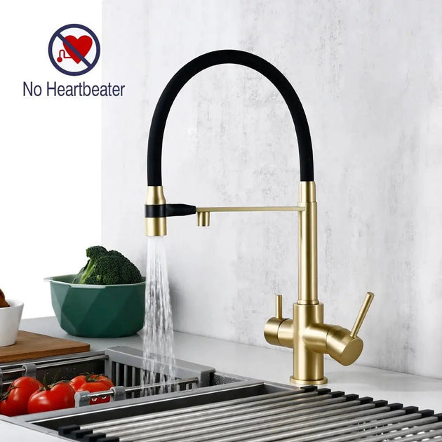 Brushed Gold 3 - Way Kitchen Faucet with Pull - Out Spray Filtered Water Mixer Tap - 3 Ways Kitchen Pull OutBathroomLux