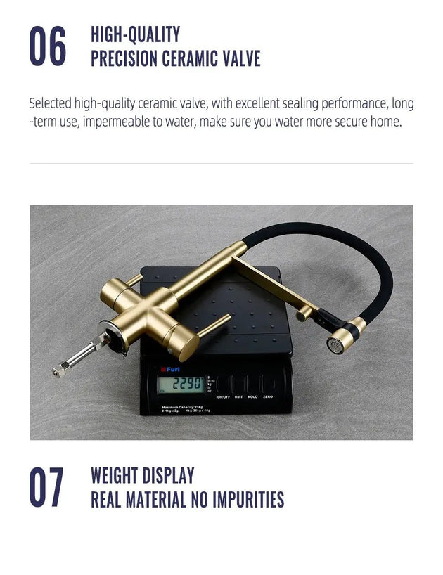 Brushed Gold 3 - Way Kitchen Faucet with Pull - Out Spray Filtered Water Mixer Tap - 3 Ways Kitchen Pull OutBathroomLux