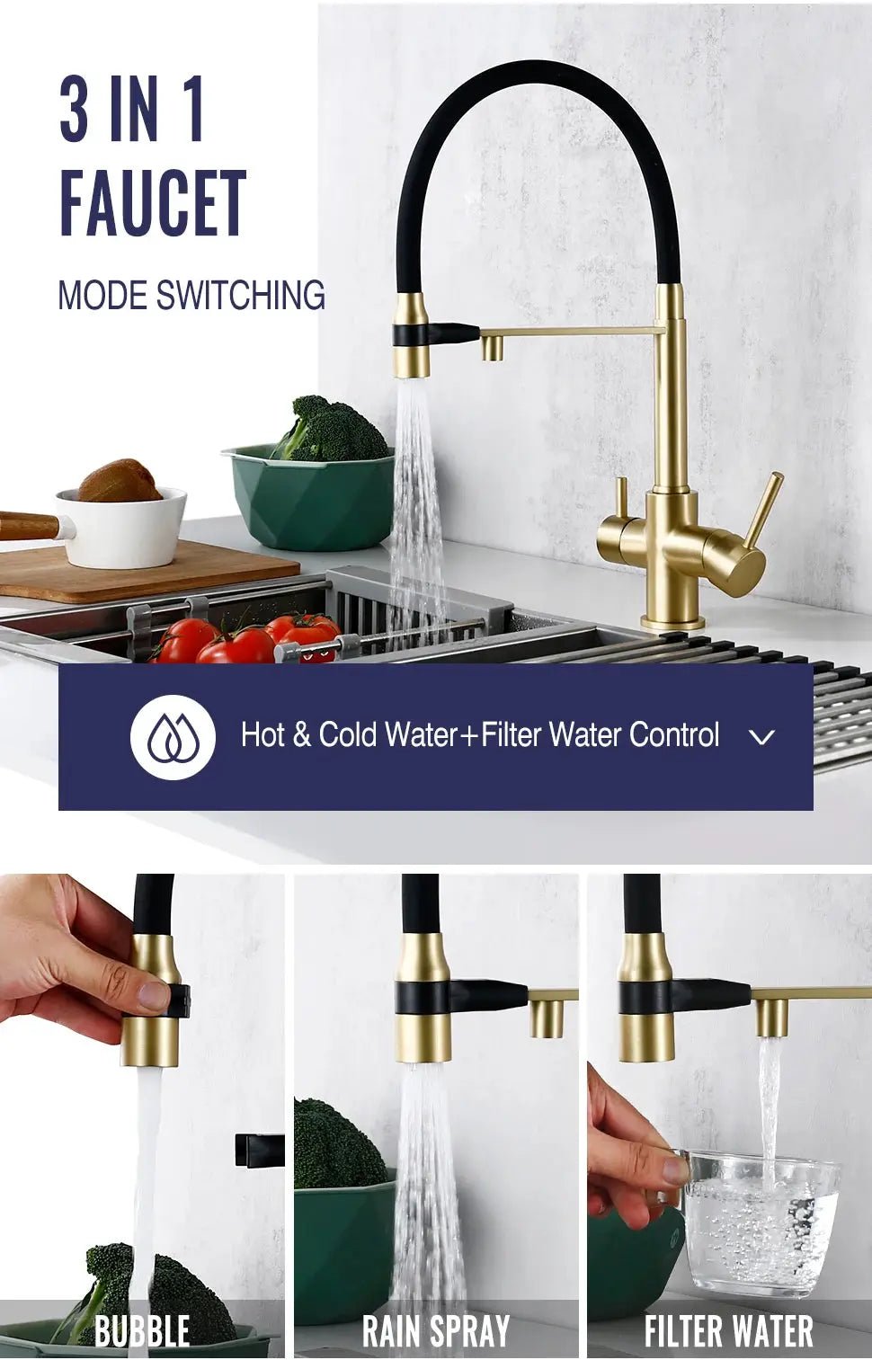 Brushed Gold 3 - Way Kitchen Faucet with Pull - Out Spray Filtered Water Mixer Tap - 3 Ways Kitchen Pull OutBathroomLux