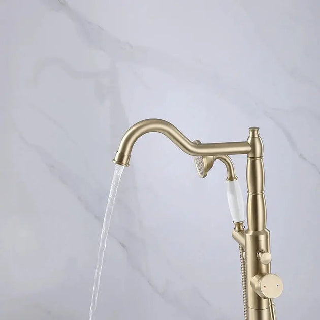 Brushed Gold Brass Freestanding Bath Mixer Tap With Hand Shower - freestanding bath mixer tapBathroomLux