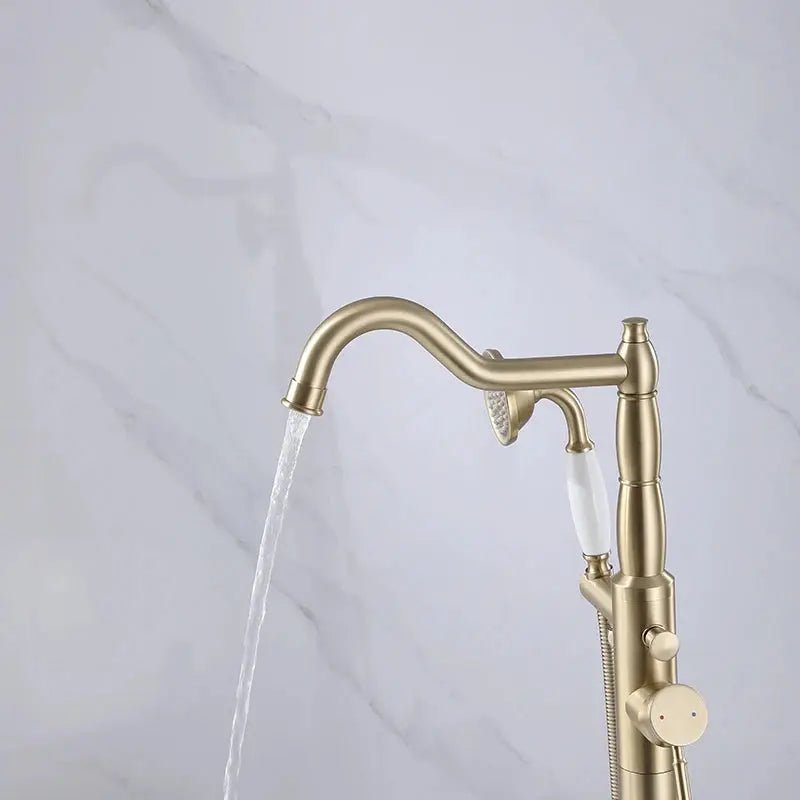 Brushed Gold Brass Freestanding Bath Mixer Tap With Hand Shower - freestanding bath mixer tapBathroomLux