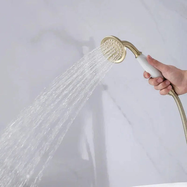 Brushed Gold Brass Freestanding Bath Mixer Tap With Hand Shower - freestanding bath mixer tapBathroomLux