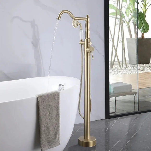 Brushed Gold Brass Freestanding Bath Mixer Tap With Hand Shower - freestanding bath mixer tapBathroomLux