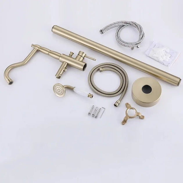 Brushed Gold Brass Freestanding Bath Mixer Tap With Hand Shower - freestanding bath mixer tapBathroomLux