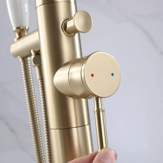 Brushed Gold Brass Freestanding Bath Mixer Tap With Hand Shower - freestanding bath mixer tapBathroomLux