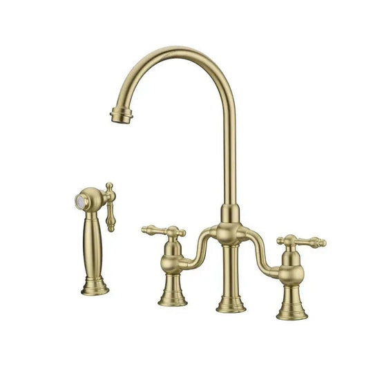 Brushed Gold Bridge Kitchen Faucet – Antique Brass, Dual Handle, Side Sprayer - Dual Handle Kitchen FaucetBathroomLux
