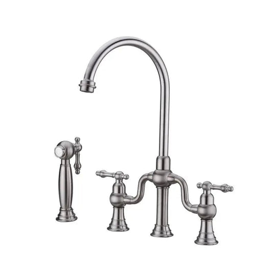 Brushed Gold Bridge Kitchen Faucet – Antique Brass, Dual Handle, Side Sprayer - Dual Handle Kitchen FaucetBathroomLux