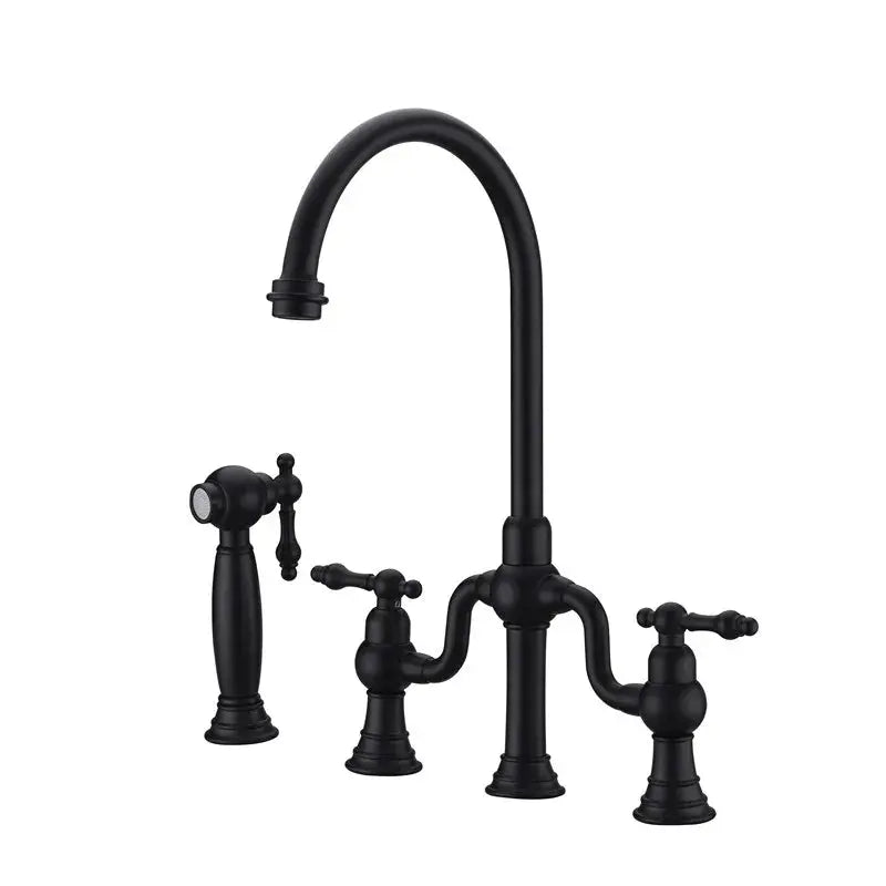 Brushed Gold Bridge Kitchen Faucet – Antique Brass, Dual Handle, Side Sprayer - Dual Handle Kitchen FaucetBathroomLux