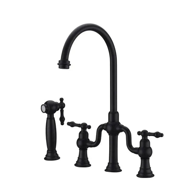 Brushed Gold Bridge Kitchen Faucet – Antique Brass, Dual Handle, Side Sprayer - Dual Handle Kitchen FaucetBathroomLux