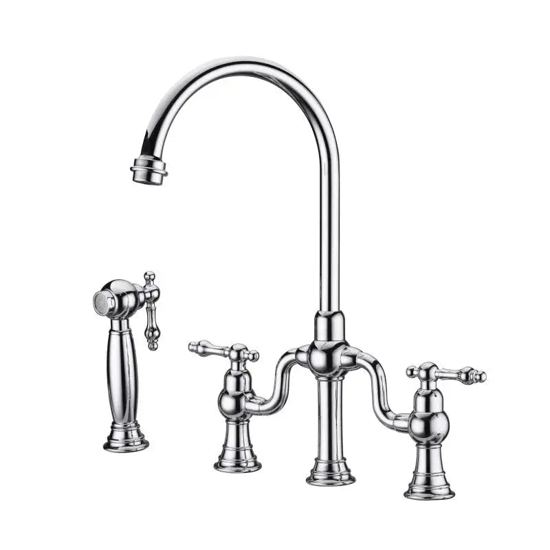 Brushed Gold Bridge Kitchen Faucet – Antique Brass, Dual Handle, Side Sprayer - Dual Handle Kitchen FaucetBathroomLux