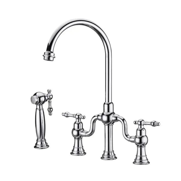 Brushed Gold Bridge Kitchen Faucet – Antique Brass, Dual Handle, Side Sprayer - Dual Handle Kitchen FaucetBathroomLux