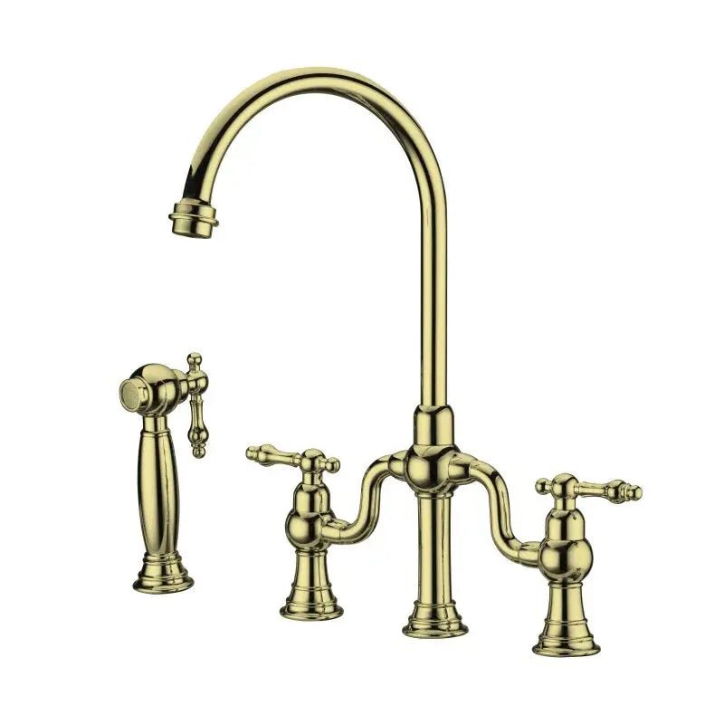 Brushed Gold Bridge Kitchen Faucet – Antique Brass, Dual Handle, Side Sprayer - Dual Handle Kitchen FaucetBathroomLux