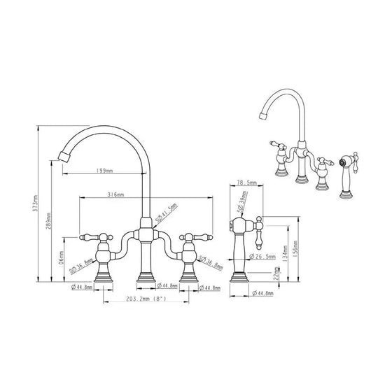 Brushed Gold Bridge Kitchen Faucet – Antique Brass, Dual Handle, Side Sprayer - Dual Handle Kitchen FaucetBathroomLux