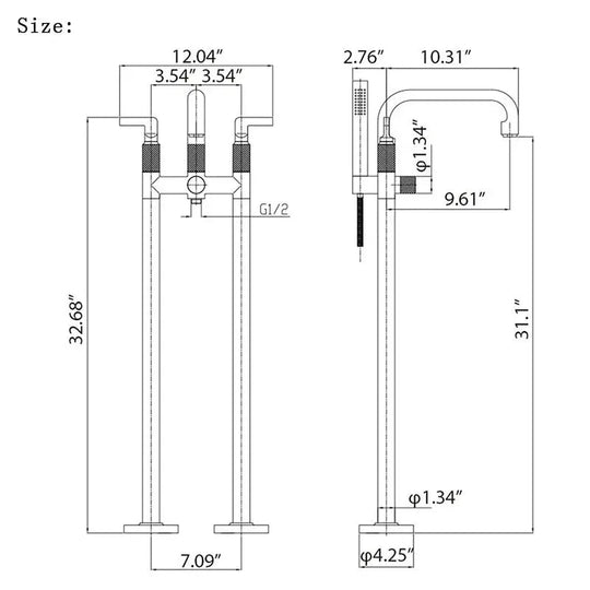 Brushed Gold Freestanding Bath Tap with Hand Shower Floor - Standing Mixer Tap - Brushed Gold Freestanding Bath TapBathroomLux