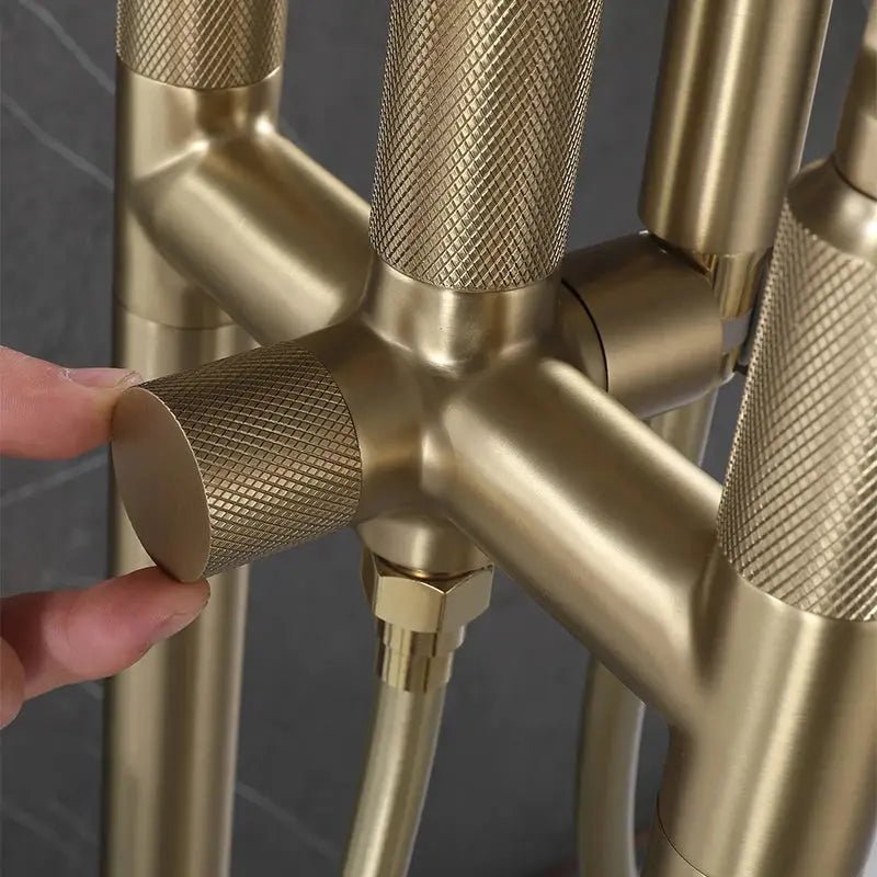 Brushed Gold Freestanding Bath Tap with Hand Shower Floor - Standing Mixer Tap - Brushed Gold Freestanding Bath TapBathroomLux