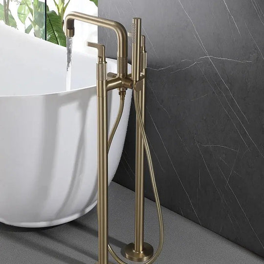 Brushed Gold Freestanding Bath Tap with Hand Shower Floor - Standing Mixer Tap - Brushed Gold Freestanding Bath TapBathroomLux