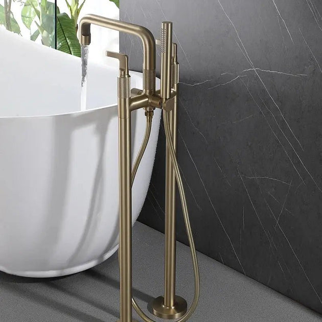 Brushed Gold Freestanding Bath Tap with Hand Shower Floor - Standing Mixer Tap - Brushed Gold Freestanding Bath TapBathroomLux