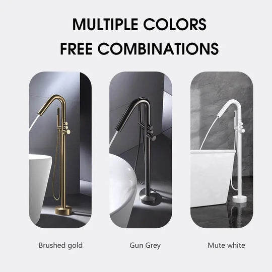 Brushed Gold Freestanding Bathtub Faucet with Shower Mixer Tap - Freestanding Faucet with HandshowerBathroomLux