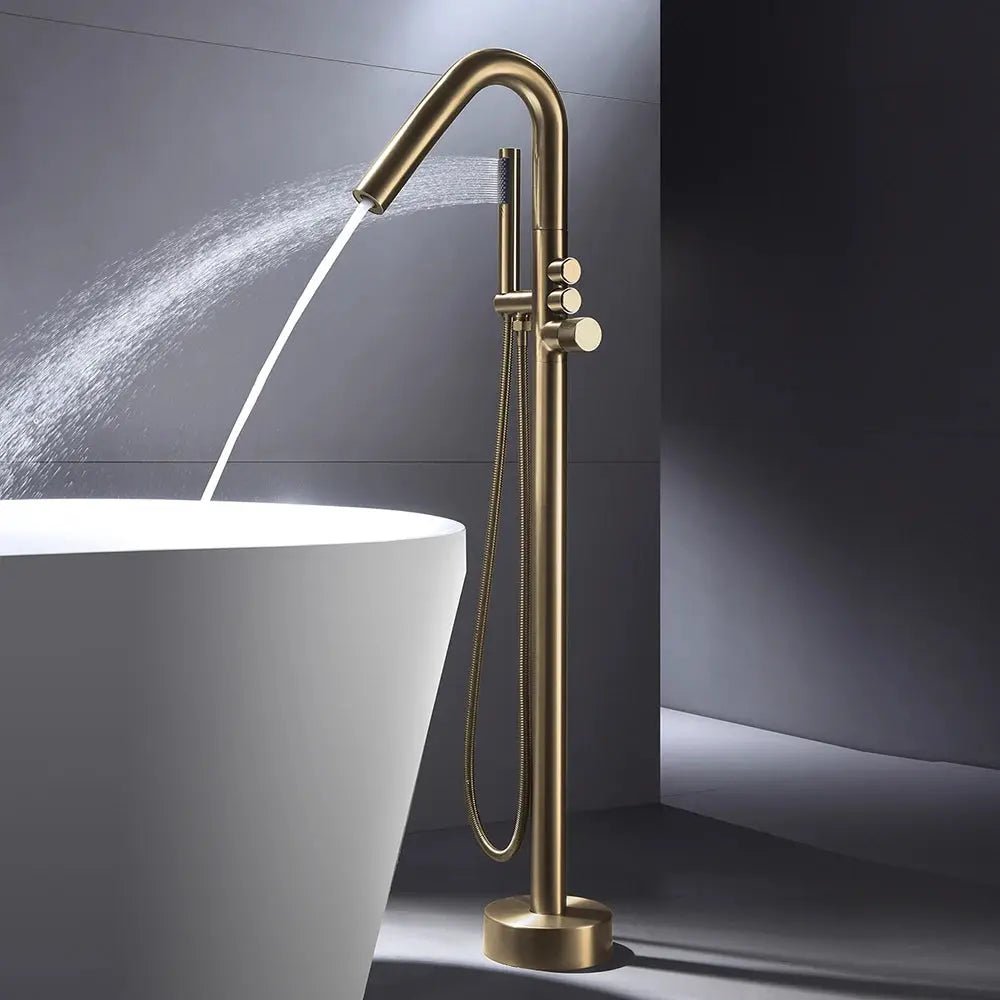 Brushed Gold Freestanding Bathtub Faucet with Shower Mixer Tap - Freestanding Faucet with HandshowerBathroomLux