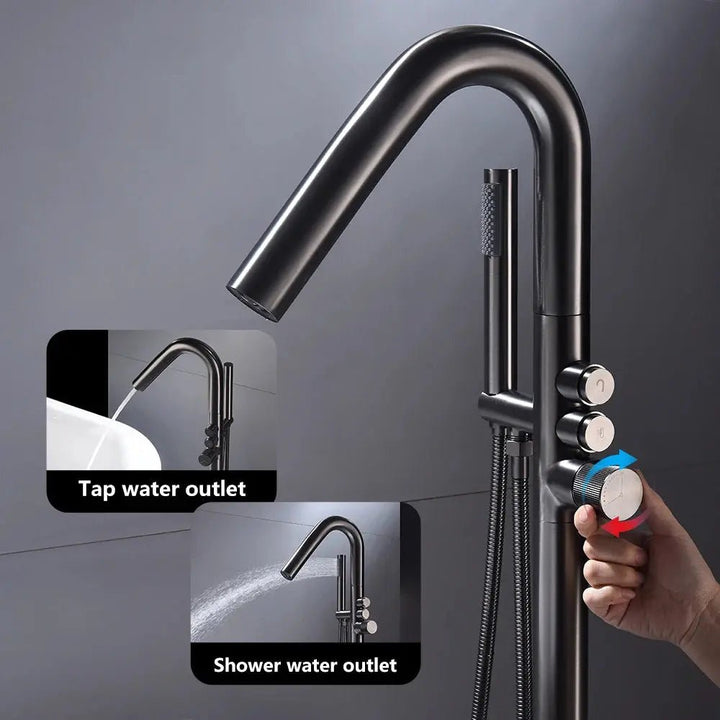 Brushed Gold Freestanding Bathtub Faucet with Shower Mixer Tap - Freestanding Faucet with HandshowerBathroomLux