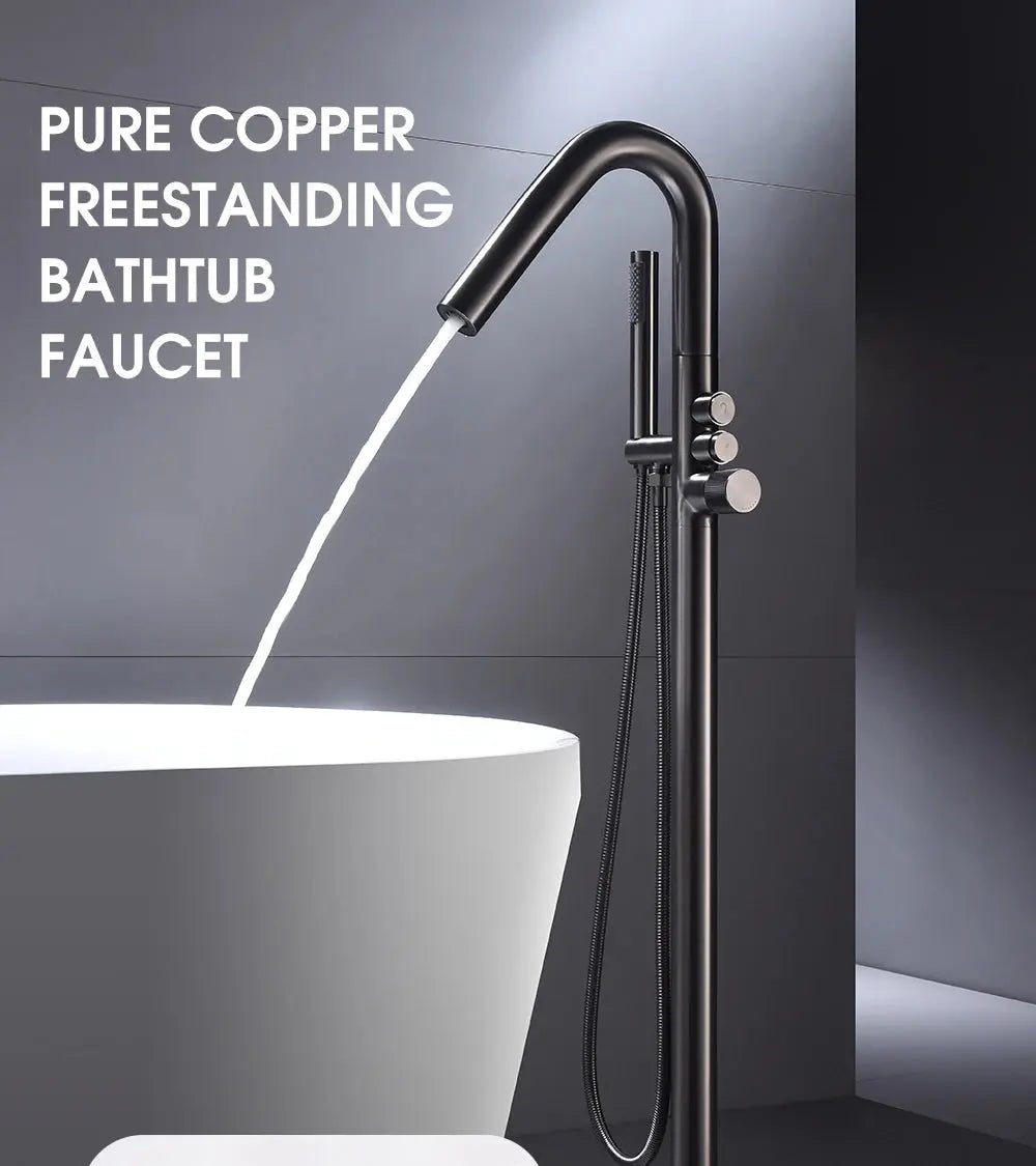 Brushed Gold Freestanding Bathtub Faucet with Shower Mixer Tap - Freestanding Faucet with HandshowerBathroomLux