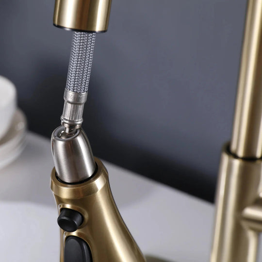 Brushed Gold Kitchen Faucet Pull - Out Single Handle Tap - brushed gold kitchen faucet.BathroomLux