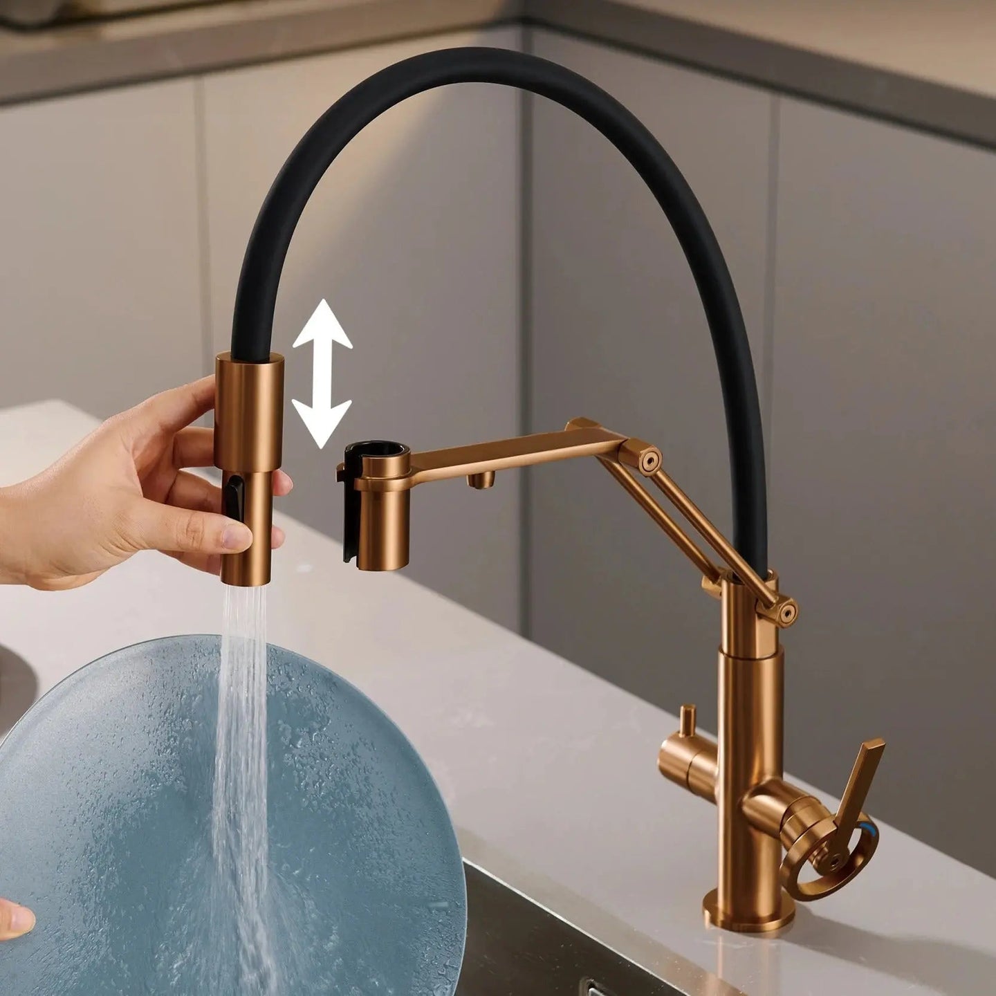 Brushed Gold Pull Down Kitchen Filter Faucet – Solid Brass Mixer Tap - kitchenBathroomLux