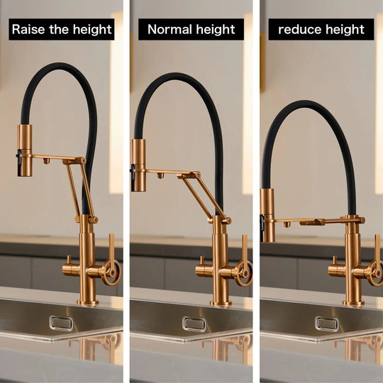 Brushed Gold Pull Down Kitchen Filter Faucet – Solid Brass Mixer Tap - kitchenBathroomLux