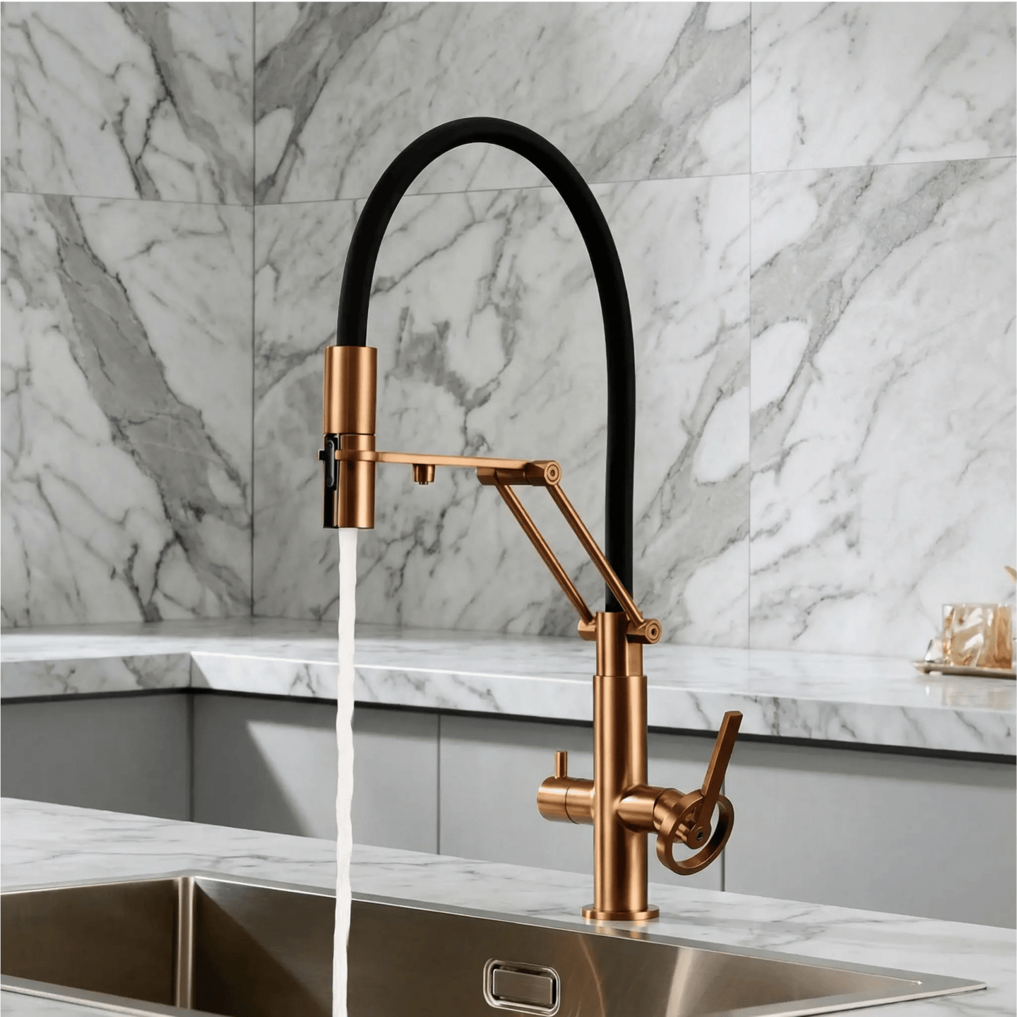 Brushed Gold Pull Down Kitchen Filter Faucet – Solid Brass Mixer Tap - kitchenBathroomLux