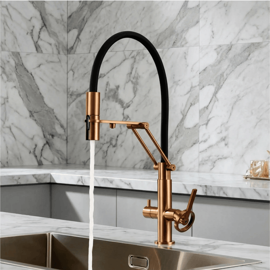 Brushed Gold Pull Down Kitchen Filter Faucet – Solid Brass Mixer Tap - kitchenBathroomLux