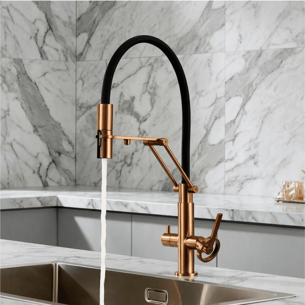 Brushed Gold Pull Down Kitchen Filter Faucet – Solid Brass Mixer Tap - kitchenBathroomLux