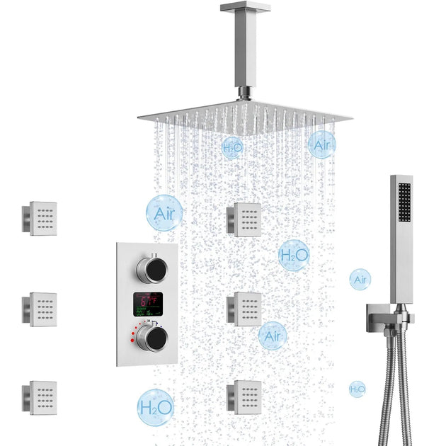 Brushed Gold Rainfall Shower Head With Handheld and Body Jets Thermostatic - 3 - Function Exposed Shower SystemBathroomLux